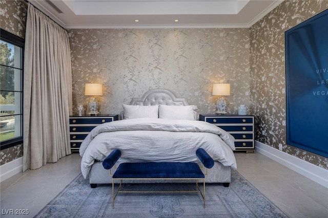 bedroom featuring a tray ceiling, wallpapered walls, crown molding, and baseboards