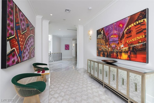 hall featuring visible vents, baseboards, marble finish floor, and ornamental molding