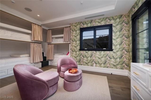 sitting room featuring visible vents, baseboards, wallpapered walls, recessed lighting, and dark wood-type flooring