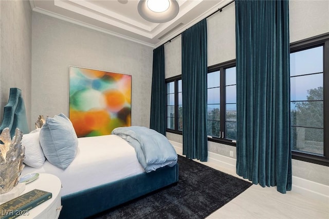 bedroom featuring a raised ceiling and ornamental molding