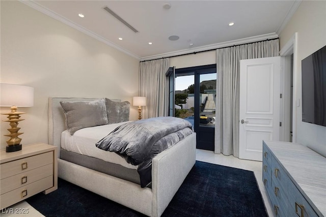 bedroom featuring access to exterior, recessed lighting, and crown molding