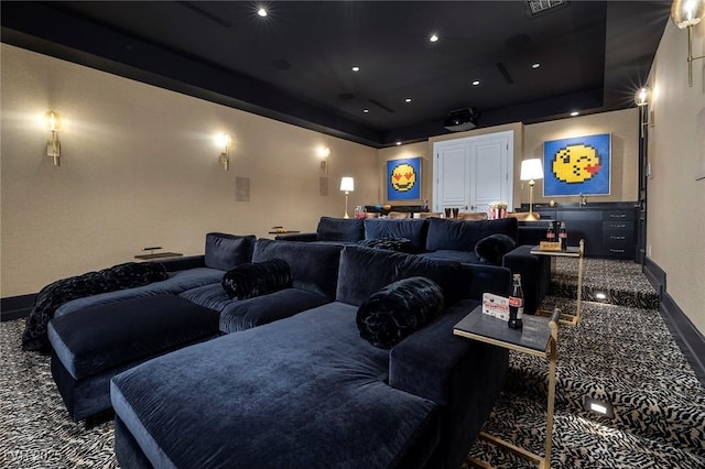 carpeted cinema featuring recessed lighting and baseboards