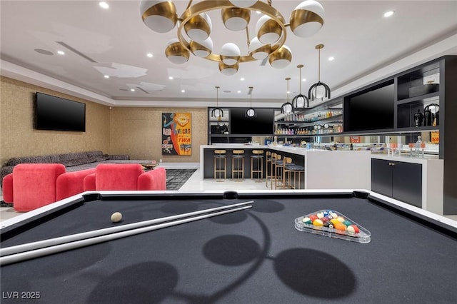 rec room with pool table, a community bar, and recessed lighting