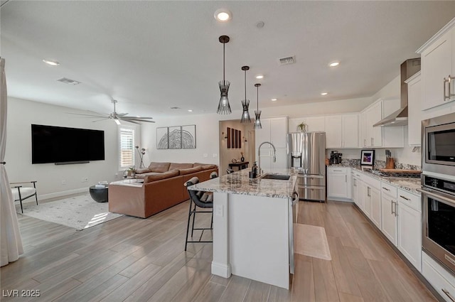 kitchen featuring pendant lighting, white cabinetry, sink, stainless steel appliances, and a center island with sink