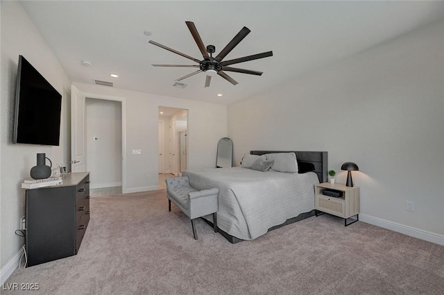 carpeted bedroom featuring ceiling fan