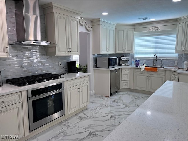 kitchen with wall chimney exhaust hood, sink, tasteful backsplash, appliances with stainless steel finishes, and light stone countertops