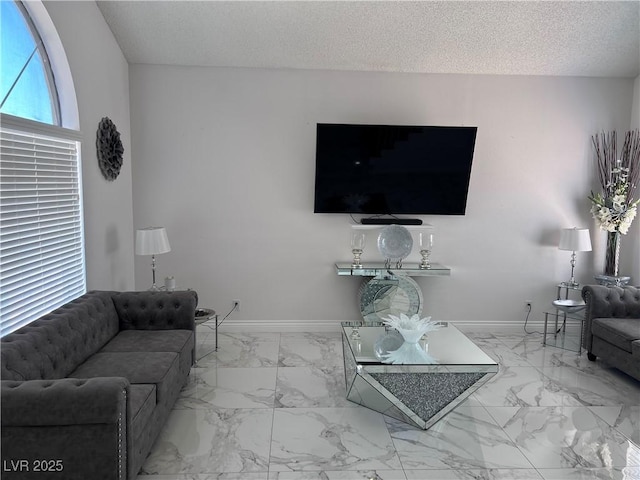 living room with a textured ceiling