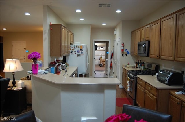 kitchen featuring stainless steel appliances, wood-type flooring, sink, and kitchen peninsula