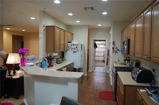 kitchen featuring sink, hardwood / wood-style floors, kitchen peninsula, and appliances with stainless steel finishes