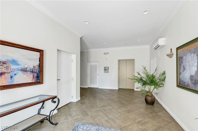 hallway featuring crown molding, an AC wall unit, and elevator