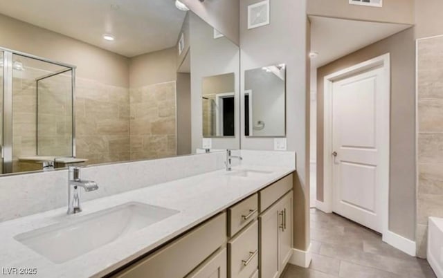 bathroom with vanity, tile patterned floors, and shower with separate bathtub