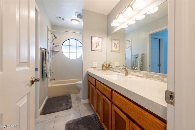 full bathroom featuring tile patterned flooring, vanity, bathtub / shower combination, toilet, and a chandelier