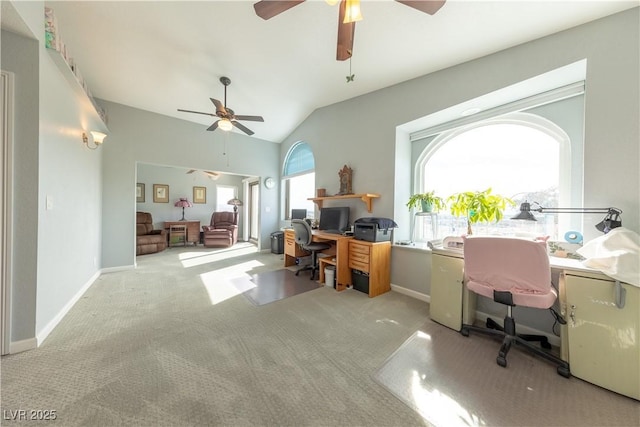 carpeted office with ceiling fan and lofted ceiling