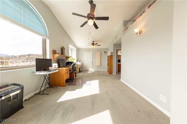 carpeted office featuring high vaulted ceiling