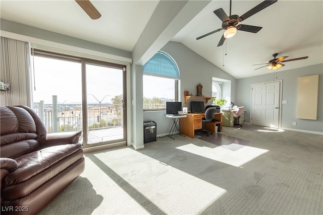 office space featuring light carpet and lofted ceiling