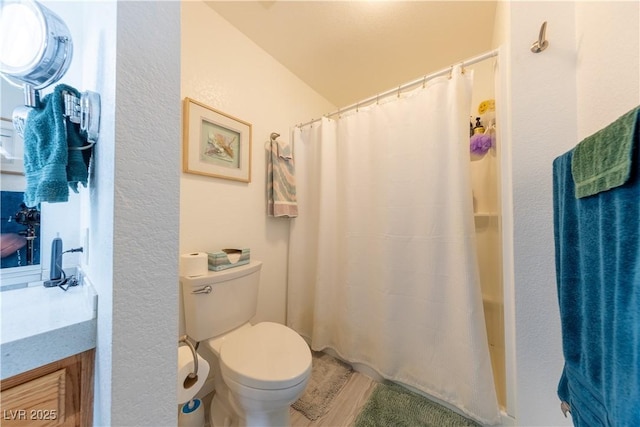 bathroom with vanity, walk in shower, and toilet