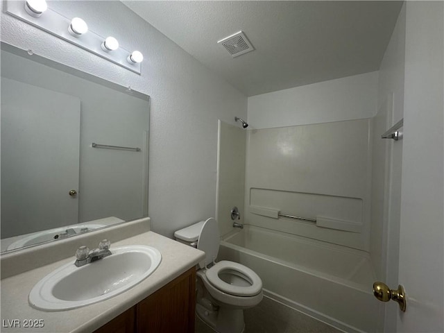 bathroom with toilet, shower / bathtub combination, vanity, and visible vents