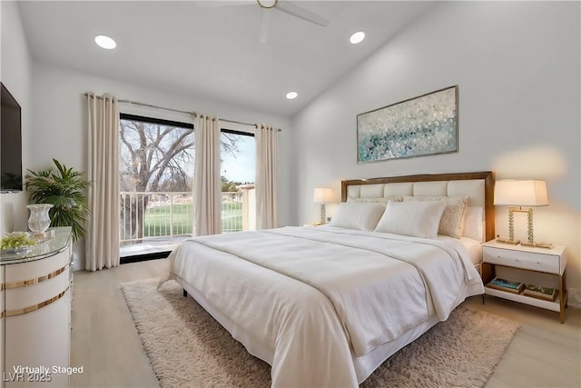 bedroom featuring access to exterior, vaulted ceiling, and ceiling fan