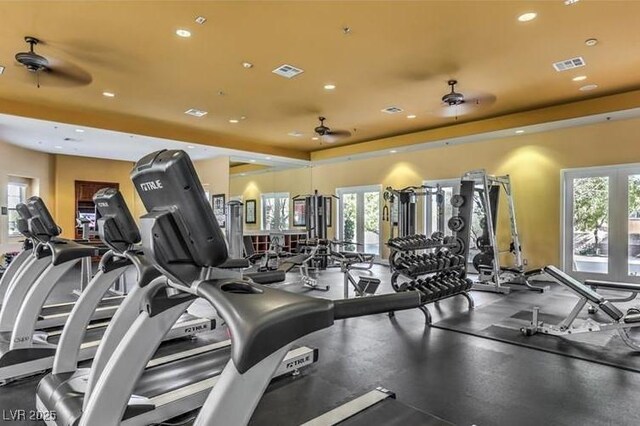 exercise room featuring ceiling fan and a healthy amount of sunlight