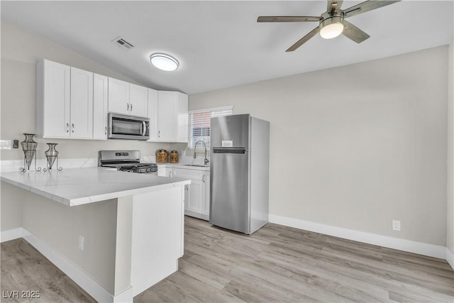 kitchen featuring sink, white cabinets, kitchen peninsula, stainless steel appliances, and light wood-type flooring