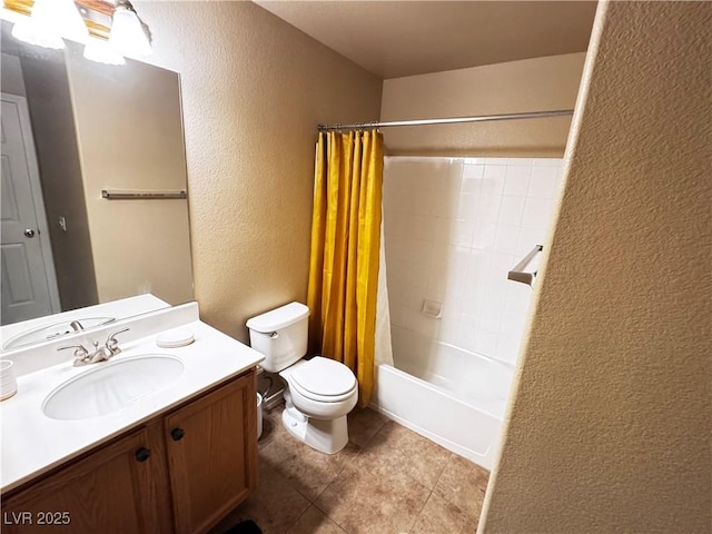 full bathroom with shower / tub combo, a textured wall, toilet, tile patterned flooring, and vanity