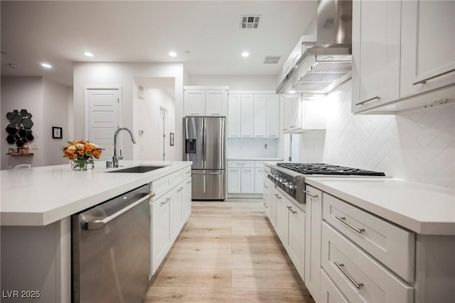 kitchen with appliances with stainless steel finishes, sink, white cabinets, exhaust hood, and a center island with sink