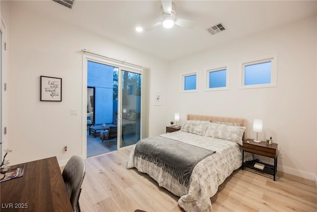 bedroom with access to exterior, ceiling fan, and light wood-type flooring