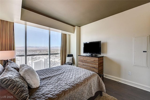 bedroom featuring dark wood-type flooring and electric panel