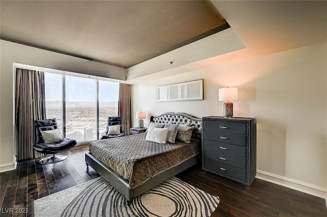 bedroom featuring a tray ceiling and dark wood-type flooring