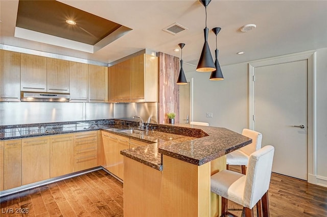 kitchen featuring pendant lighting, sink, hardwood / wood-style flooring, dark stone countertops, and a kitchen breakfast bar