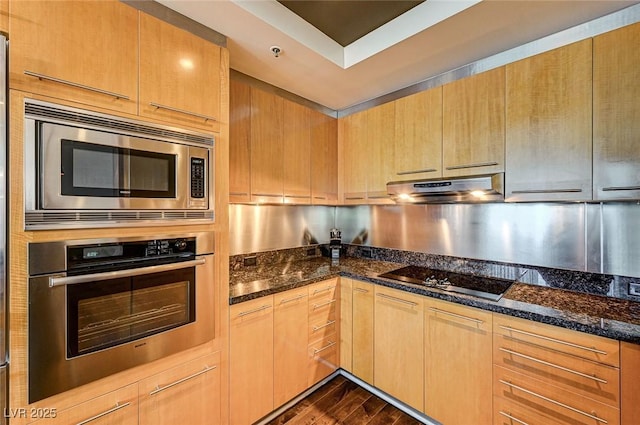 kitchen with dark wood-type flooring, stainless steel appliances, and dark stone counters