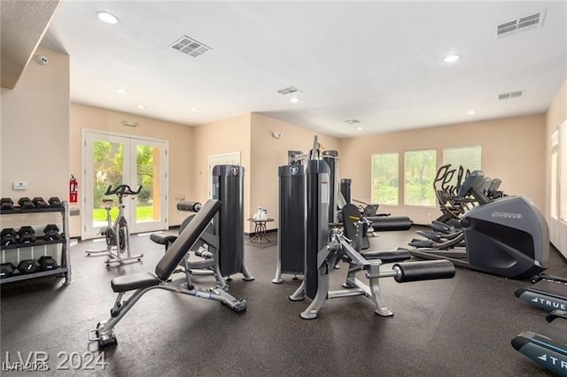 workout area featuring french doors