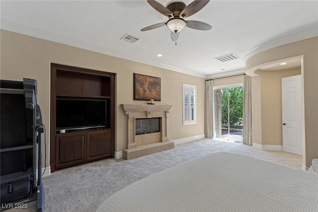 bedroom featuring crown molding, ceiling fan, light carpet, and access to outside