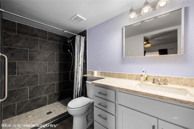 bathroom featuring vanity, ceiling fan, toilet, and a shower with shower curtain