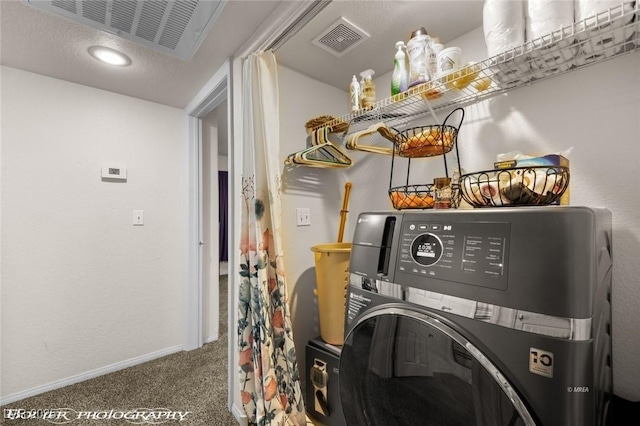 washroom with carpet flooring and washer / dryer