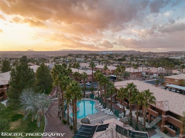 view of aerial view at dusk