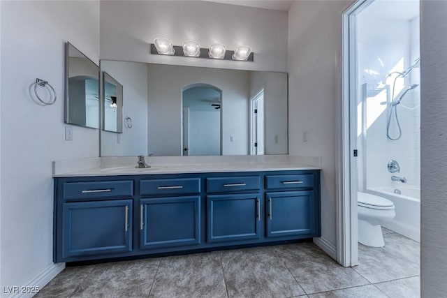 full bathroom with tile patterned flooring, shower / washtub combination, vanity, and toilet