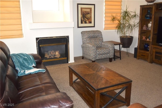 living area with carpet and a glass covered fireplace