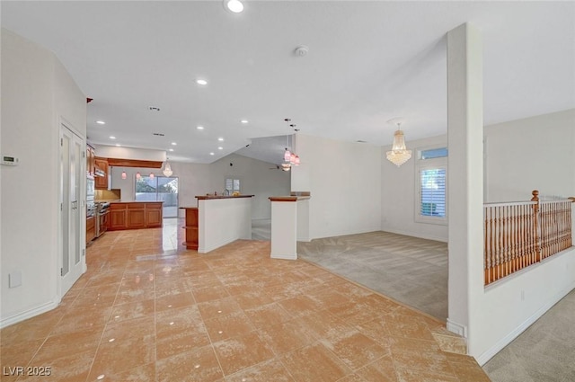 living room with recessed lighting, light colored carpet, and baseboards