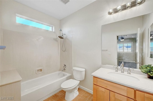 full bathroom featuring visible vents, toilet, tile patterned flooring, vanity, and shower / washtub combination