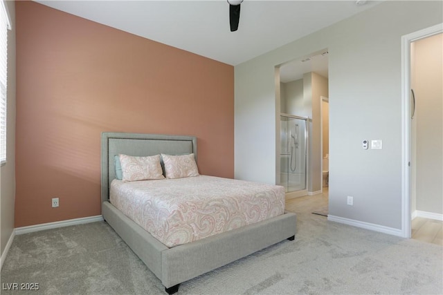 bedroom with light carpet and ceiling fan