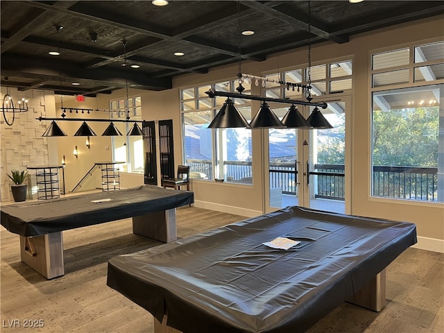 playroom with coffered ceiling, hardwood / wood-style floors, beam ceiling, and billiards