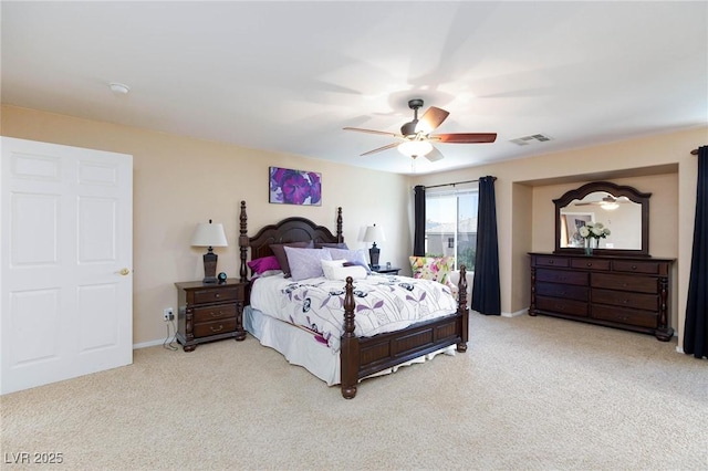 bedroom with light carpet and ceiling fan