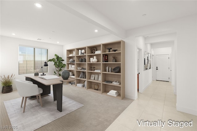 tiled office with beamed ceiling