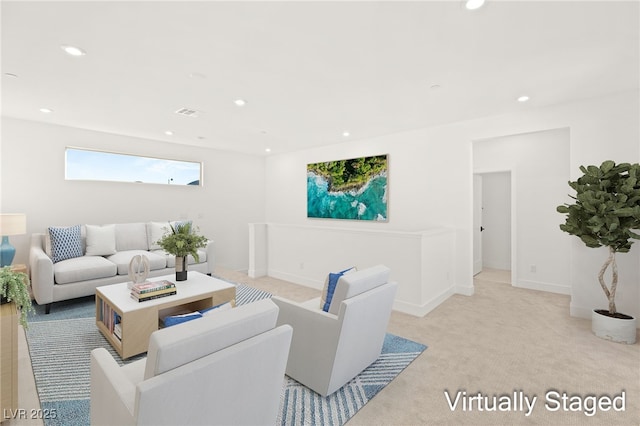 living room with light colored carpet