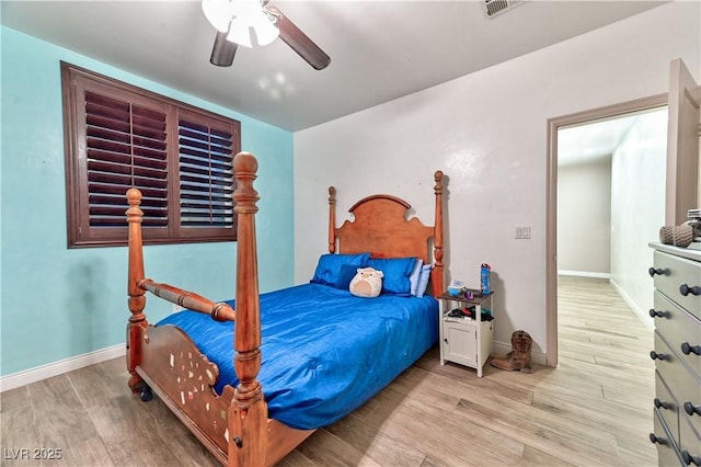 bedroom featuring ceiling fan and light hardwood / wood-style flooring