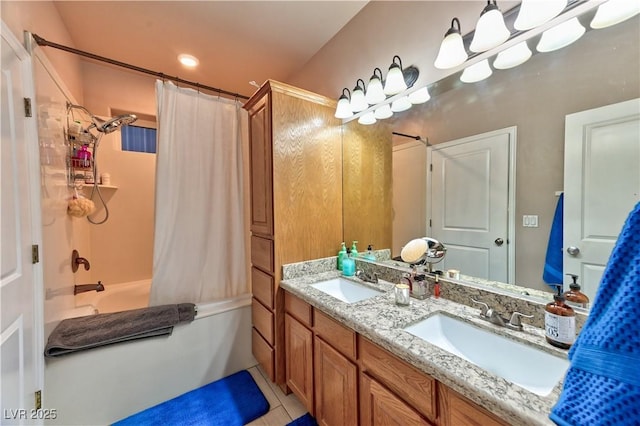 bathroom featuring vanity, tile patterned flooring, and shower / bath combo with shower curtain