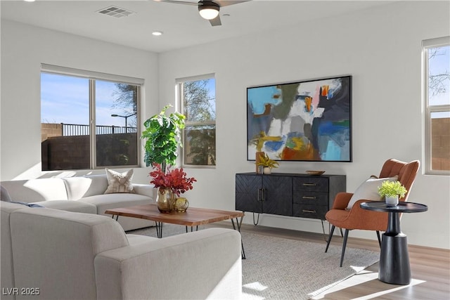 living room with a wealth of natural light, light hardwood / wood-style flooring, and ceiling fan