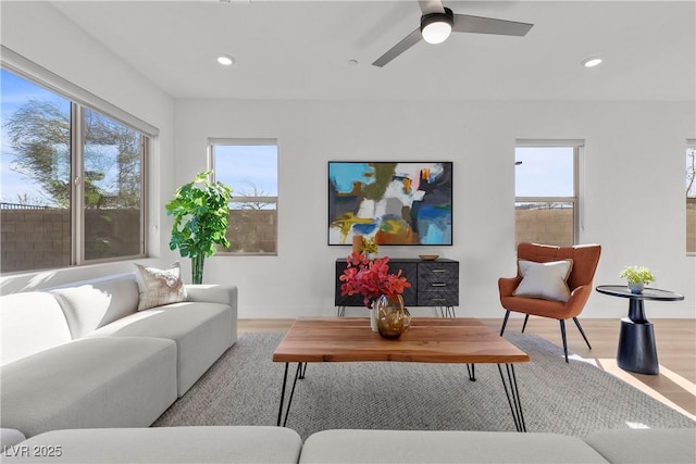 living room with a wealth of natural light, light hardwood / wood-style floors, and ceiling fan