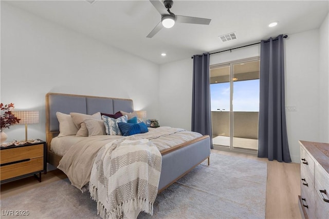 bedroom with access to outside, ceiling fan, and light hardwood / wood-style flooring